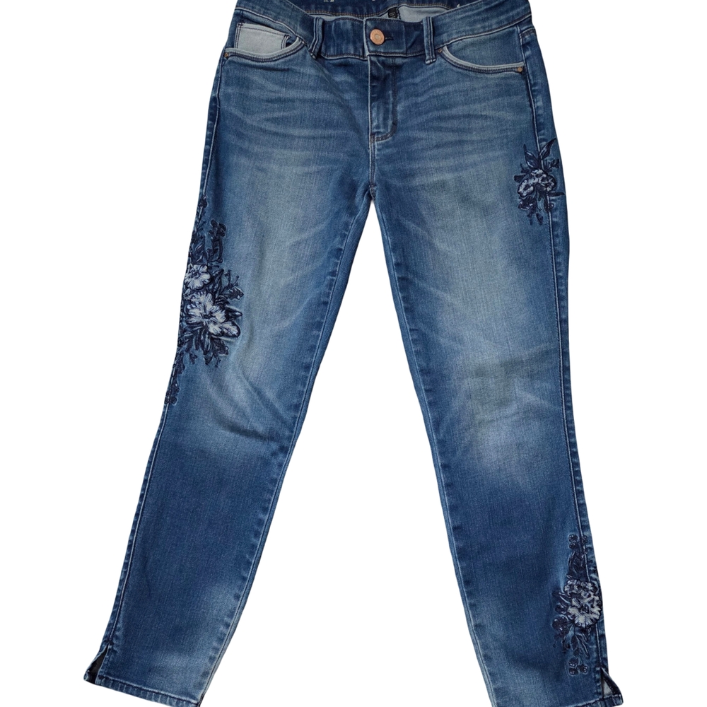 White House Black Market Skinny Jeans Women 2 Blue Floral Embroidered‎ Stretch